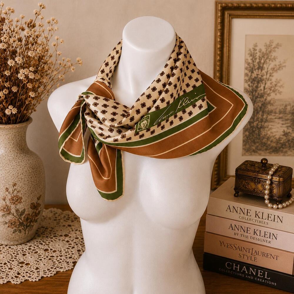 Vintage Anne Klein Silk Scarf 27” Brown Camel Olive Lion Logo 1970s Designer